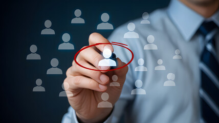 Professional businessman selects ideal candidate from digital network of people
