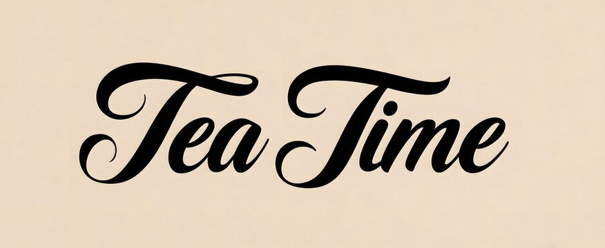 The tea time text appears in elegant flowing script on a warm beige background