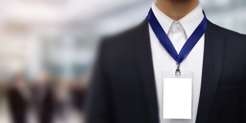 Business person wearing blank identification badge lanyard at event