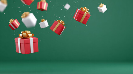 Joyful falling red gift box and present for christmas holiday celebration. festive background with many packages floating for happy seasonal greeting or sale event