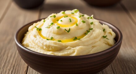 Creamy Mashed Potatoes with Butter and Chives in a Brown Bowl.