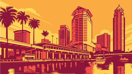Fototapeta premium Tampa skyline vector showcasing floridas iconic waterfront views perfect for travel brochures, city guides, and skyline postcards.
