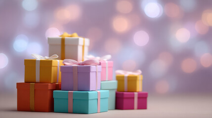Obraz premium Colorful stack of gift present box for joyful holiday birthday celebration. festive pile of presents creating feeling of surprise with magical bokeh background