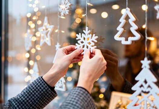 Hands hanging snowflake ornament on shop window with fairy lights at winter dusk, festive holiday decoration and retail display preparation for Christmas season ambiance