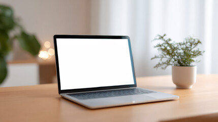 Fototapeta premium Modern laptop with blank white screen mockup for copy space. It sits on wooden table in calm office workspace. small green plant adds peaceful touch