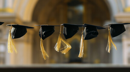 alumni. Academic caps suspended in air with golden tassels, evoking graduation pride and achievement. event programs, museum guides, designed for cultural heritage projects and event programs.