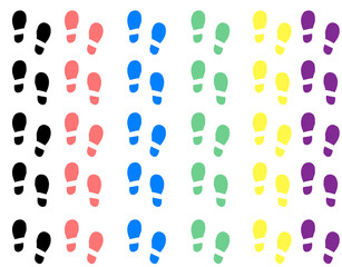 カラフルな靴底の足跡アイコン・パターンセット（多色/導線/ステップ）背景透過なし