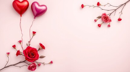 Romantic valentine s day heart balloons and red roses on a soft pink background. concept Valentine's Day