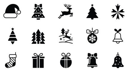 Obraz premium Christmas icon set with Santa hat, tree, reindeer, bell, stocking, gift, ornament, and snowflake for festive design and seasonal decor
