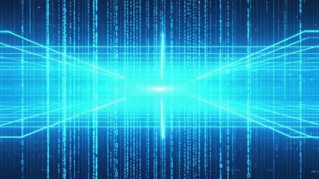 Digital data stream abstract background with binary code matrix grid and glowing lines