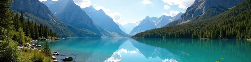 Breathtaking Panorama Glacial Lake Reflecting Majestic Canadian Mountain Peaks