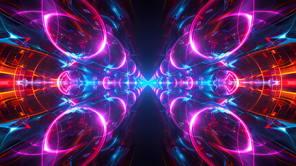 Vibrant neon fractal mandala with glowing abstract symmetry in pink and blue hues. Futuristic digital art background with kaleidoscopic light patterns, perfect for design, meditation, modern visuals.