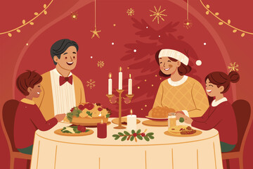 Flat lay realistic Christmas dinner table scene, family smiling, festive, cozy, warm lighting, abundant food, decorated tree.