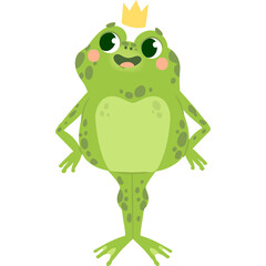 Whimsical Cartoon Frog Prince Wearing a Golden Crown Standing Tall with a Friendly Smile and Green Spots on a Clean White Background