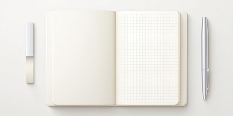 Open blank notebook with grid paper and pen