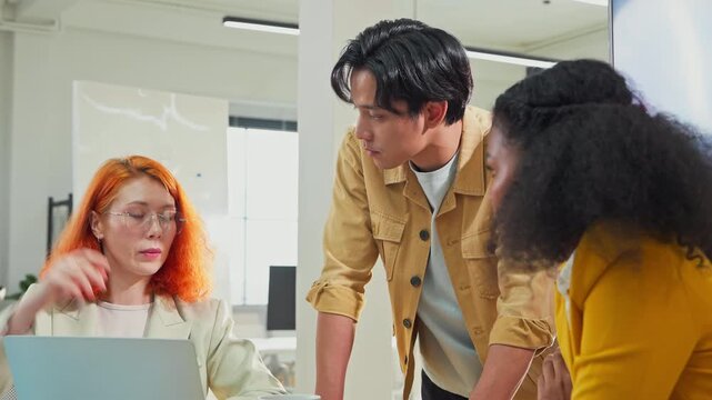 Diverse fintech innovators and multiethnic professionals collaborate in an agile hackathon workshop, integrating AI-powered analytics and adaptive business models to drive exponential growth, digital 