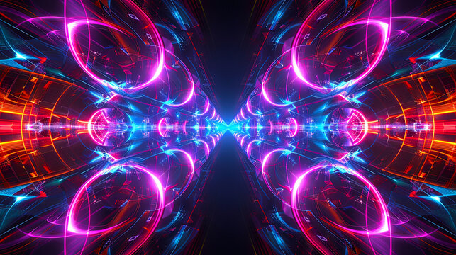 Vibrant neon fractal mandala with glowing abstract symmetry in pink and blue hues. Futuristic digital art background with kaleidoscopic light patterns, perfect for design, meditation, modern visuals.