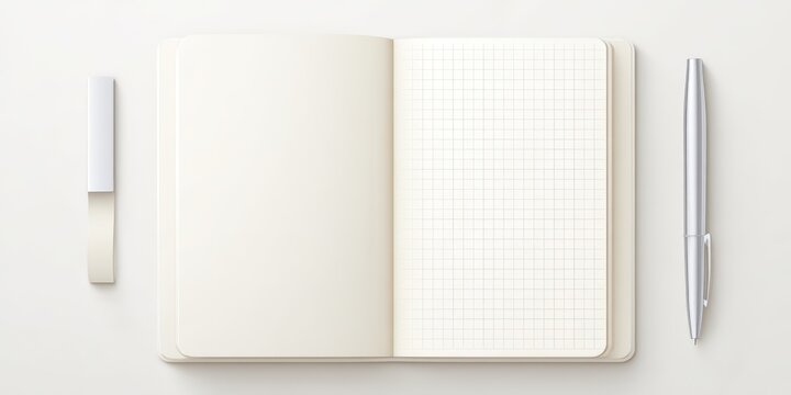 Open blank notebook with grid paper and pen