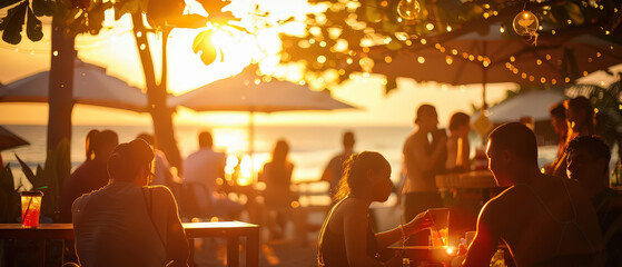 Group of people relaxing and chatting at an open-air beach cafe during sunset. Warm golden light, hanging lamps, and relaxed atmosphere create a cozy summer vacation vibe.