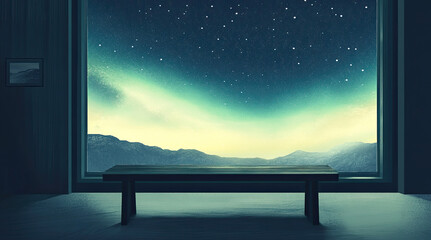Fototapeta premium An illustration of a bench indoors with a view of the aurora through the window