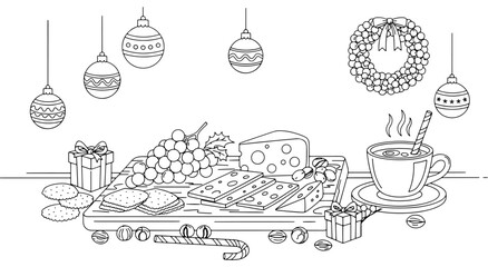 Minimalist outline art of Christmas food and appetizers. Traditional cheese board, wreaths and ornaments arranged on a festive table. Ideal vector for holiday season and coloring book pages.