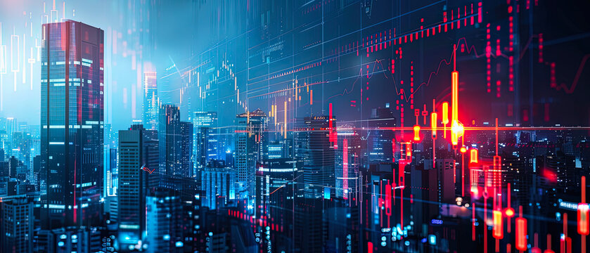 Futuristic city skyline at night with glowing skyscrapers and abstract digital financial graphs overlay. Concept of fintech, smart economy, investment, blockchain, stock market and modern technology. - Powered by Adobe