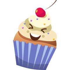 Whimsical Cupcake Character With Creamy Swirl Frosting Red Cherry Sprinkles and Joyful Expression on Transparent Background