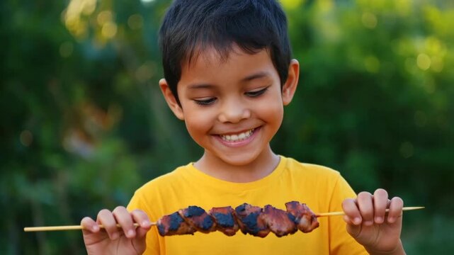 Young boy happily holding grilled meat skewer outdoors