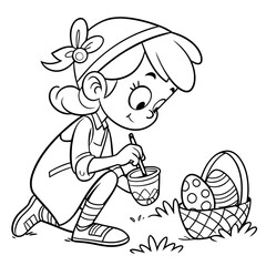 Cute girl drawing easter eggs coloring page. Easter colouring page for kids, black and white vector illustration 
