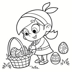 Cute girl drawing easter eggs coloring page. Easter colouring page for kids, black and white vector illustration 