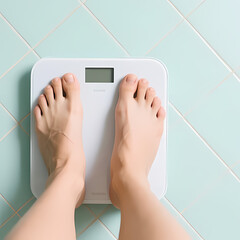 Top view of feet on a bathroom scale, light pastel floor background.
