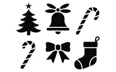 Christmas holiday silhouette icon set featuring tree, bell, candy cane, bow, and stocking for festive design and seasonal decor