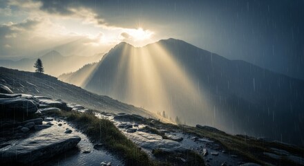 Dramatic Sun Rays Break Through Clouds Over a Mountain Peak.
