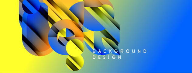 Abstract geometric shapes overlap, creating vibrant color gradients. Blue, yellow, orange hues dominate composition. Modern design element.