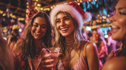 Joyful women celebrating Christmas at a festive party, wearing sparkling outfits and Santa hat, holding drinks with warm holiday lights in the background. Selective focus.