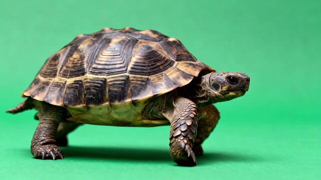 Tortoise movement on vibrant green background nature and wildlife photography concept