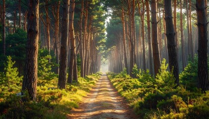 Fototapeta premium Sunlit Path Through Towering Pines: A Serene Forest Landscape with Warm Light