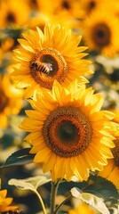 Fototapeta premium Vibrant sunflowers in full bloom with a honey bee collecting pollen, showcasing nature's symbiotic relationship in a sunny field