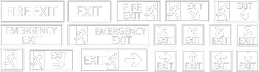 Emergency Exit line art Icon set.illustration of running man and exit door sign. Escape and evacuation symbol.Various exit sign isolated white background.Evacuation and relocation of people to safety.
