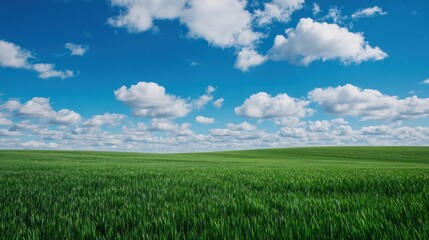 Obraz premium A vibrant grassy field under a bright blue sky dotted with puffy white clouds
