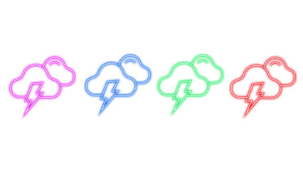 A set of colorful neon weather icons featuring clouds and lightning bolts in pink blue green and red, representing stormy weather elements for digital design and communication.	