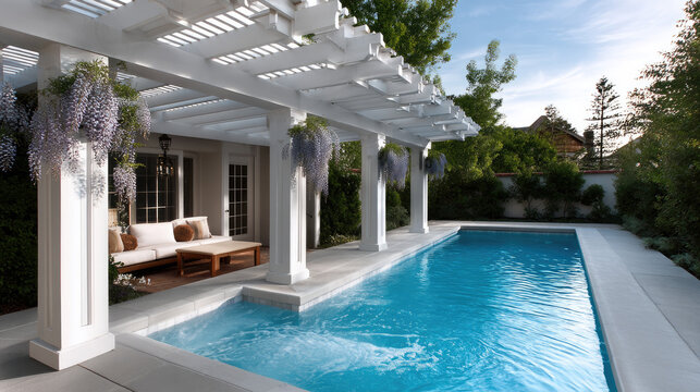 Elegant backyard patio with white pergola, comfortable seating, blooming wisteria, and inviting swimming pool under blue sky