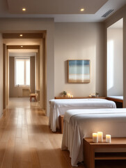 Serene spa interior with beige walls, wooden floor, massage tables, soft candlelight, and tranquil atmosphere for relaxation and wellness
