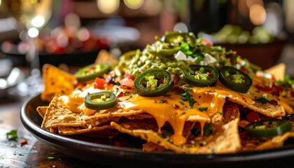 Loaded nachos topped with melted cheese, seasoned ground beef, jalapeño slices, and a generous scoop of guacamole, served on a dark plate with salsa on the side