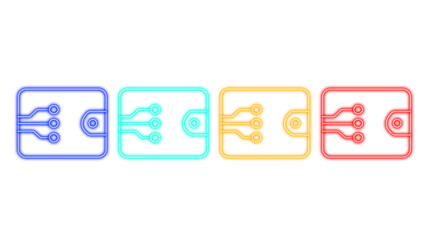 Digital crypto wallet icons in a neon glowing style with circuit board elements presented as a colorful set of electronic finance symbols on a white background perfect for financial technology concept