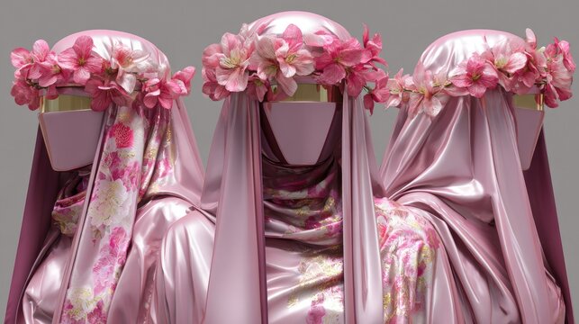 Elegant Fashion Display with Three Models in Pink Floral Hijabs and Shiny Draped Attire