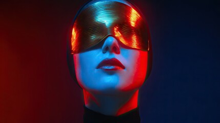 Futuristic Portrait of a Woman with Reflective Mask and Dramatic Lighting in Bold Colors