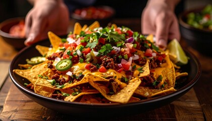 A hearty plate of loaded nachos topped with seasoned beef, jalapeños, diced tomatoes, onions, cilantro, and melted cheese, ready to be served