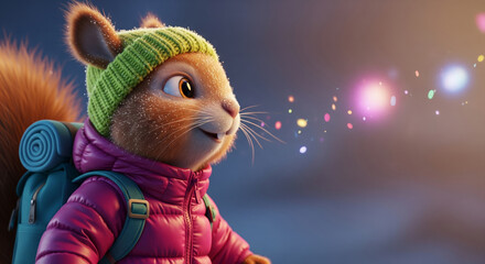 Cute cartoon squirrel character on a magical winter adventure wearing a hat and backpack