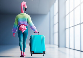 Anthropomorphic flamingo character in a colorful sweater walking with luggage in an airport terminal